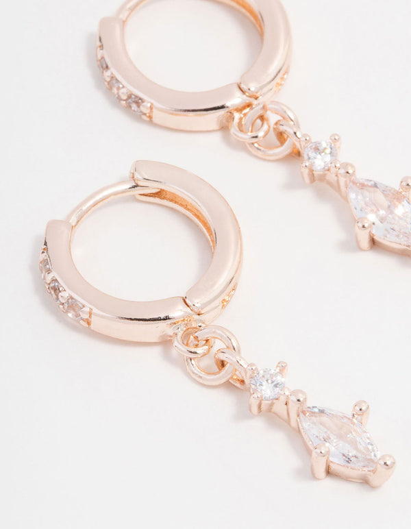 Rose Gold Plated Cubic Zirconia Marquise Huggie Drop Earrings