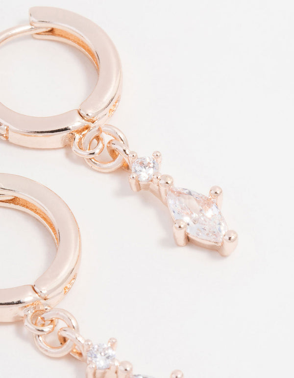 Rose Gold Plated Cubic Zirconia Marquise Huggie Drop Earrings