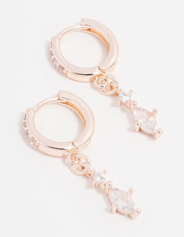 Rose Gold Plated Cubic Zirconia Marquise Huggie Drop Earrings
