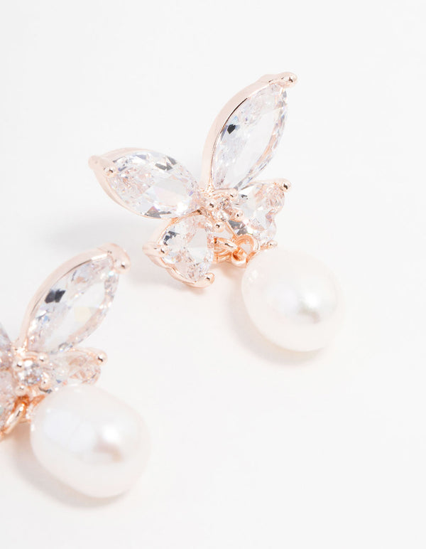 Rose Gold Plated Cubic Zirconia Butterfly Pearl Drop Earrings