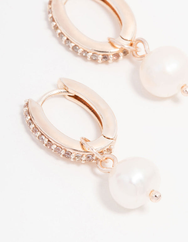 Rose Gold Plated Cubic Zirconia Pave Pearl Drop Hoop Earrings