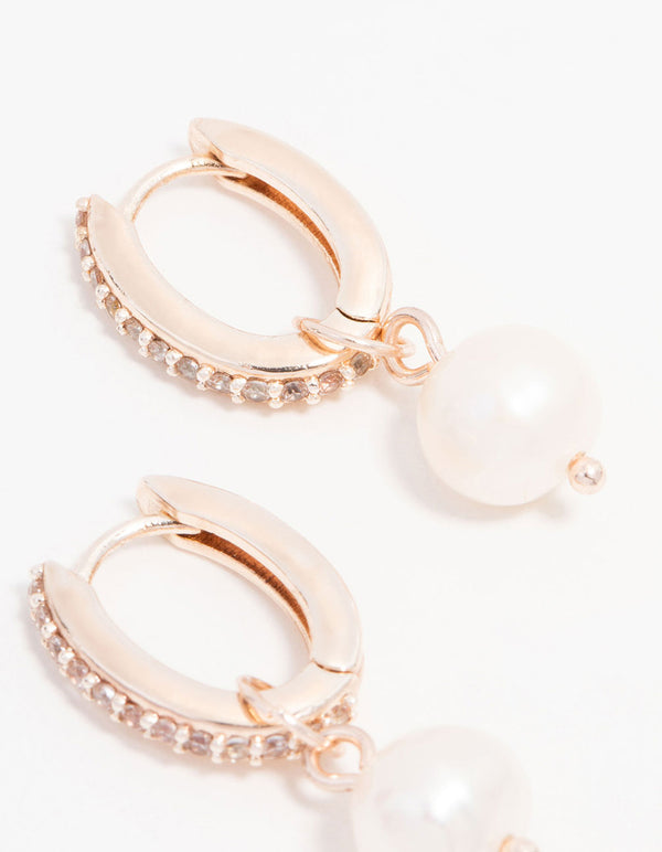 Rose Gold Plated Cubic Zirconia Pave Pearl Drop Hoop Earrings