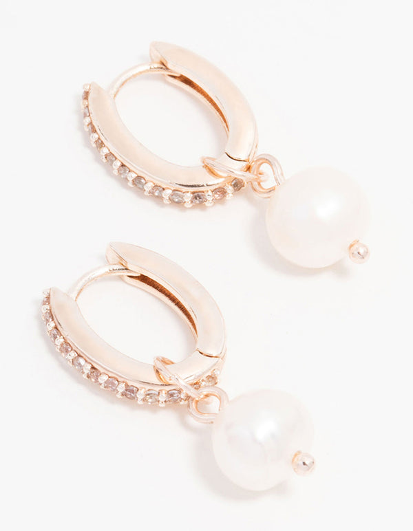 Rose Gold Plated Cubic Zirconia Pave Pearl Drop Hoop Earrings