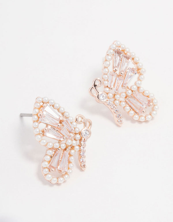 Rose Gold Plated Cubic Zirconia Baguette & Pearl Butterfly Stud Earrings