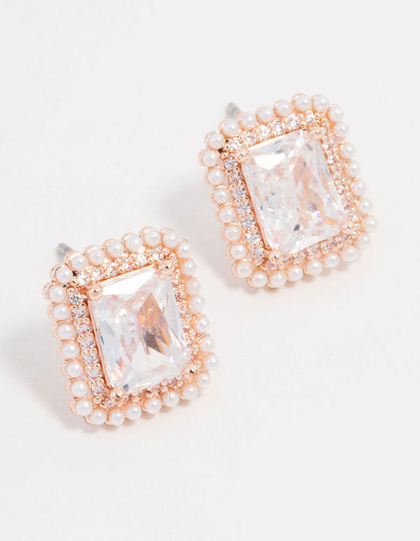 Rose Gold Plated Radiant Cubic Zirconia Halo Pearl Earrings