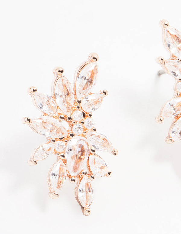 Rose Gold Plated Cubic Zirconia Marquise Cluster Stud Earrings