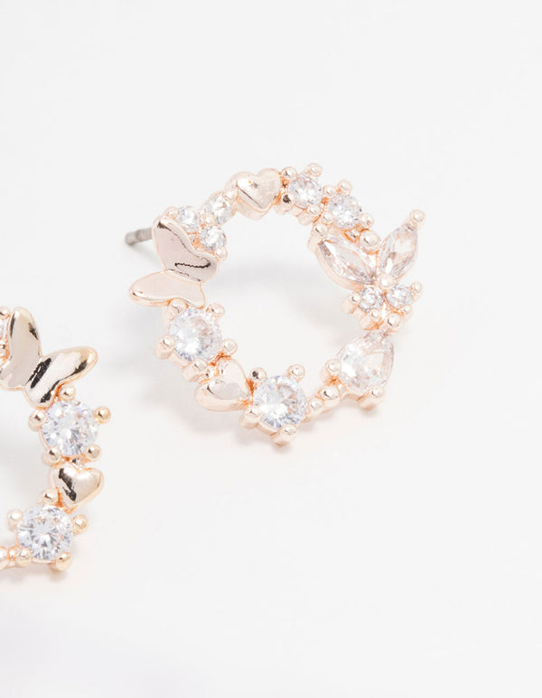 Rose Gold Plated Cubic Zirconia Butterfly Wreath Earrings
