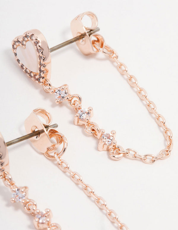 Rose Gold Plated Mother Of Pearl Heart Chain Jacket Earrings