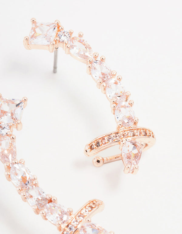 Rose Gold Plated Cubic Zirconia Oval & Square Ear Crawler Cuff Earrings