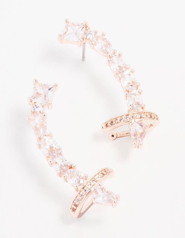 Rose Gold Plated Cubic Zirconia Oval & Square Ear Crawler Cuff Earrings