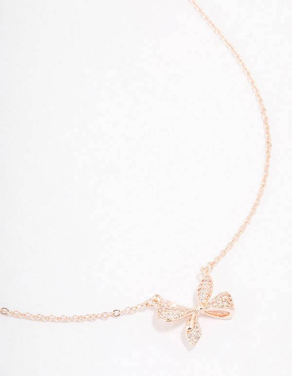 Rose Gold Plated Cubic Zirconia Pave Chunky Bow Necklace