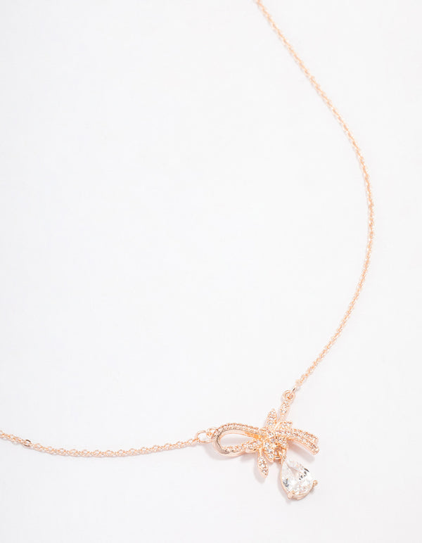 Rose Gold Plated Cubic Zirconia Bow Drop Necklace