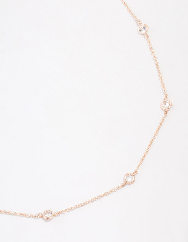 Rose Gold Plated Cubic Zirconia Round Stone Station Necklace