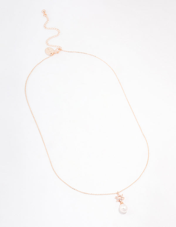 Rose Gold Plated Cubic Zirconia Pearl Flower Drop Necklace