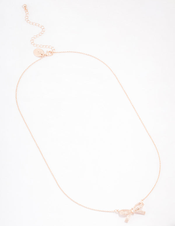 Rose Gold Plated Cubic Zirconia Pave Thin Bow Necklace