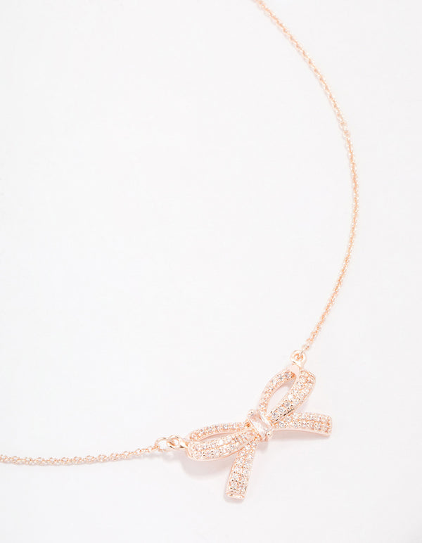 Rose Gold Plated Cubic Zirconia Pave Thin Bow Necklace