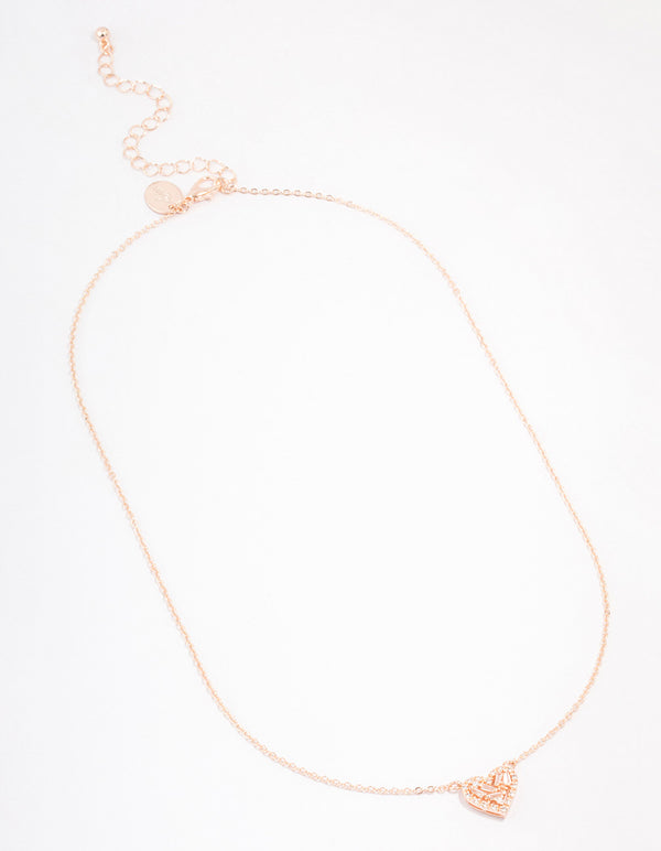Rose Gold Plated Cubic Zirconia Baguette Heart Pendant Necklace