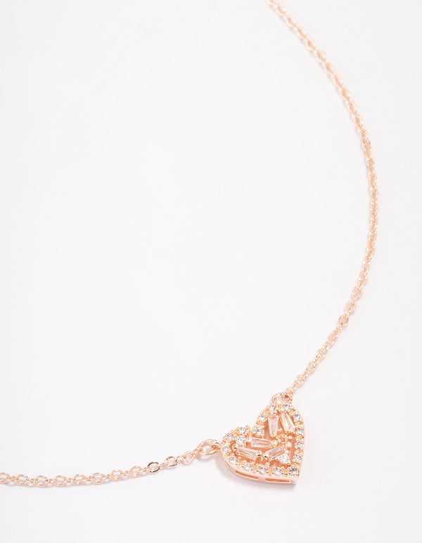 Rose Gold Plated Cubic Zirconia Baguette Heart Pendant Necklace