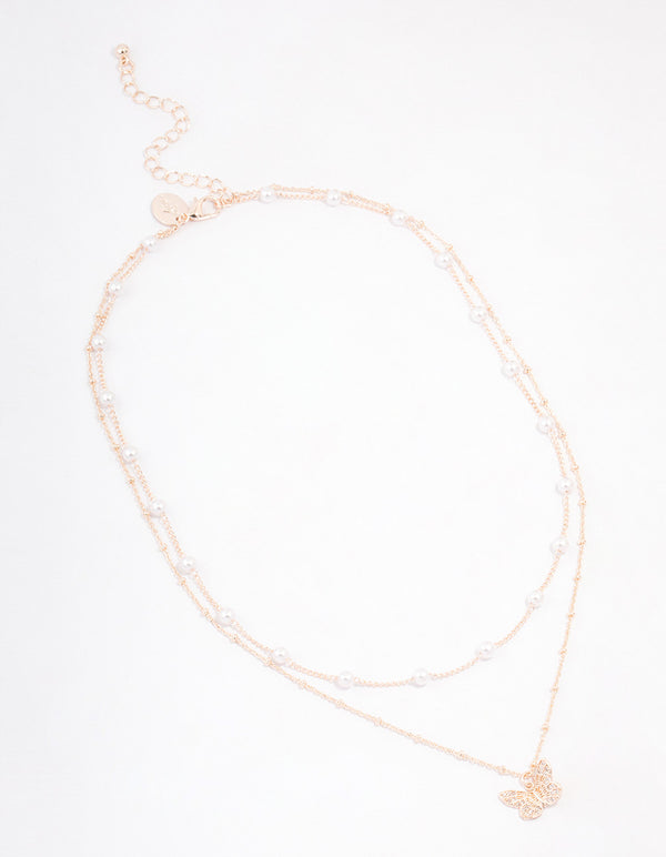 Rose Gold Plated Cubic Zirconia Butterfly & Pearl Double Necklace
