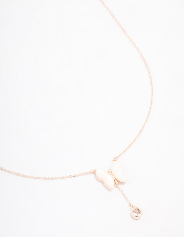Rose Gold Plated Cubic Zirconia Mother of Pearl Butterfly Drop Necklace