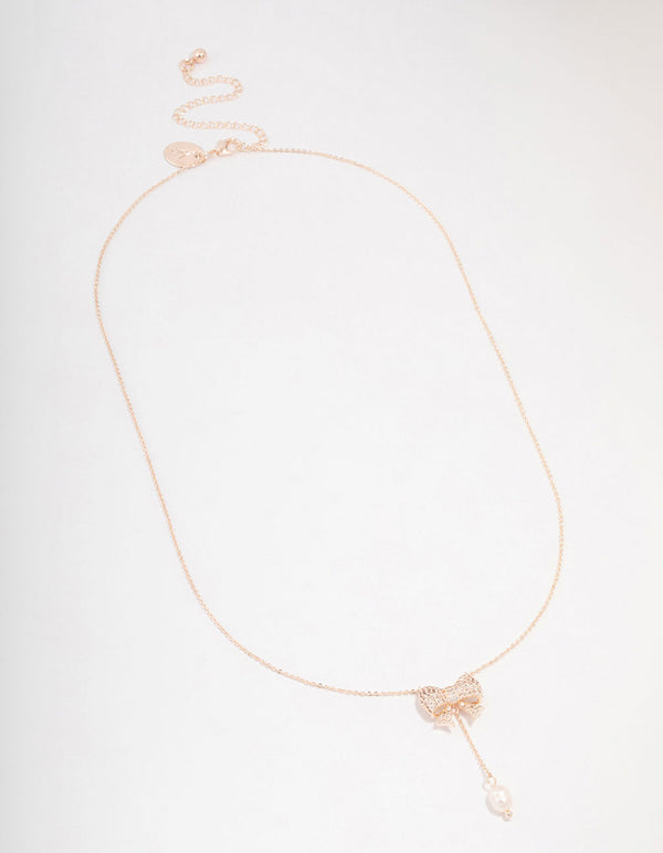 Rose Gold Plated Chunky Bow Pearl Drop Y-Necklace