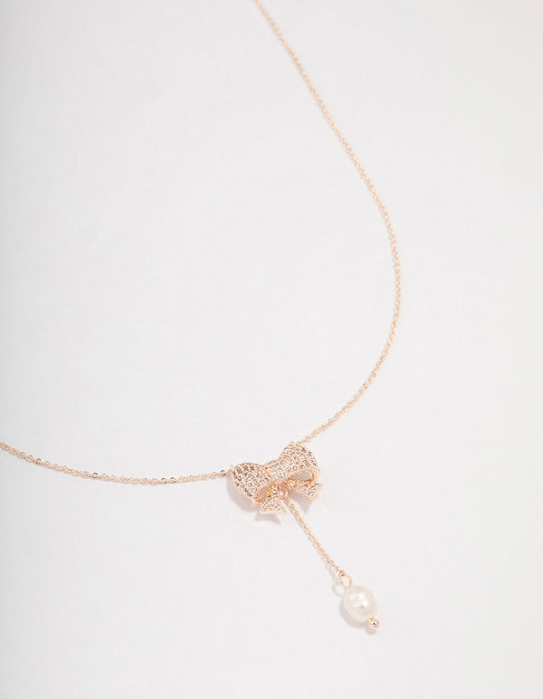 Rose Gold Plated Chunky Bow Pearl Drop Y-Necklace