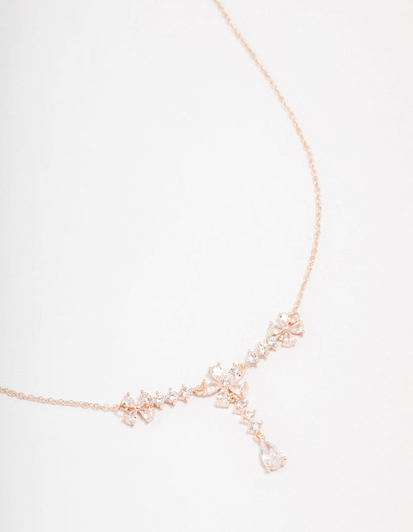 Rose Gold Plated Cubic Zirconia Flower Y-Necklace