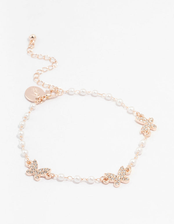Rose Gold Plated Pearl & Butterfly Charm Bracelet
