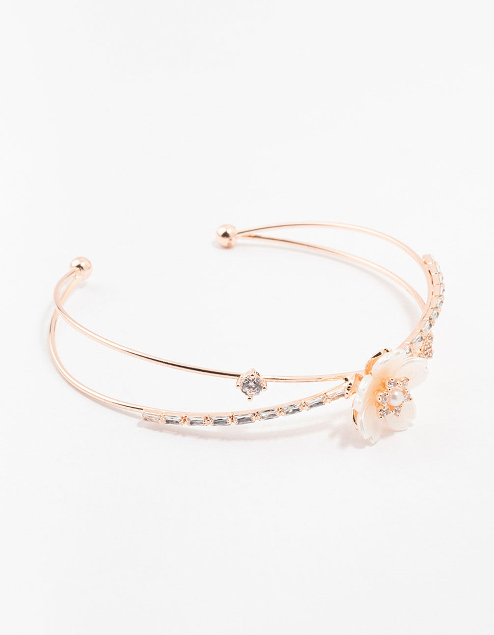 Rose Gold Plated Cubic Zirconia Baguette & Pearl Flower Wrist Cuff
