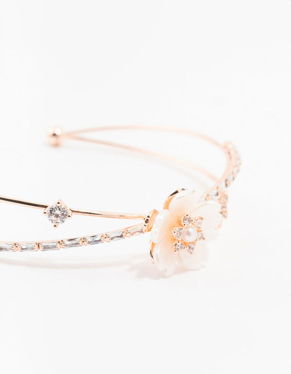Rose Gold Plated Cubic Zirconia Baguette & Pearl Flower Wrist Cuff