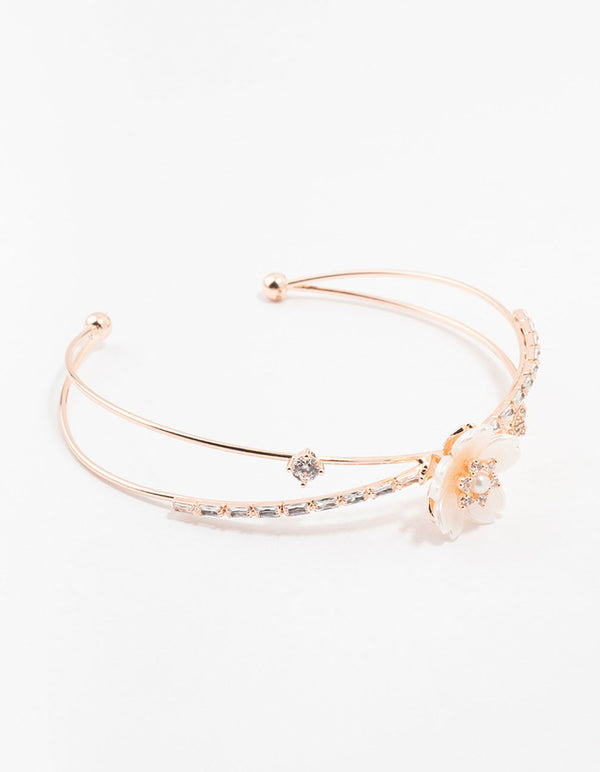 Rose Gold Plated Cubic Zirconia Baguette & Pearl Flower Wrist Cuff