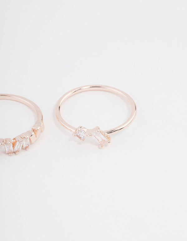 Elegantly designed rose gold plated cubic zirconia baguette ring 3-pack side detail view