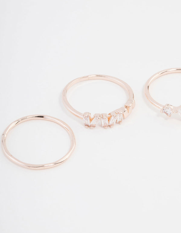 Showcasing rose gold plated cubic zirconia baguette ring 3-pack close up view