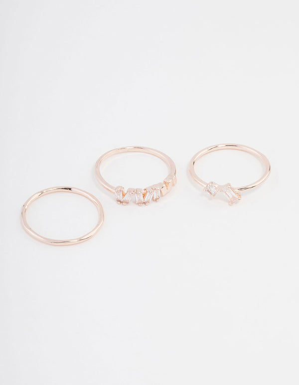 Beautifully crafted rose gold plated cubic zirconia baguette ring 3-pack front view