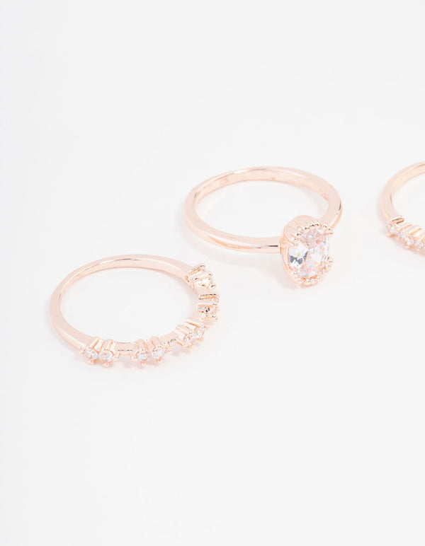 Rose Gold Plated Cubic Zirconia Large Oval Ring 3-Pack