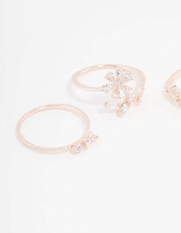 Rose Gold Plated Pearl Bow & Flower Ring 4-Pack