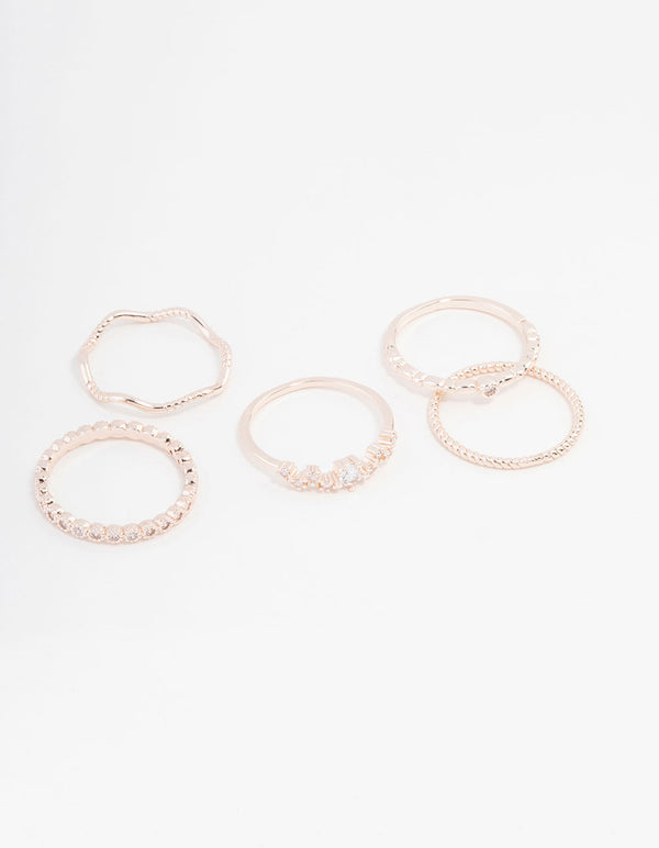Showcasing rose gold plated squiggle ring 5-pack front view