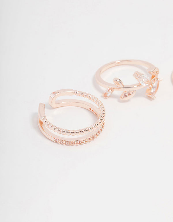 Elegantly designed rose gold plated cubic zirconia leafy station rings side detail view