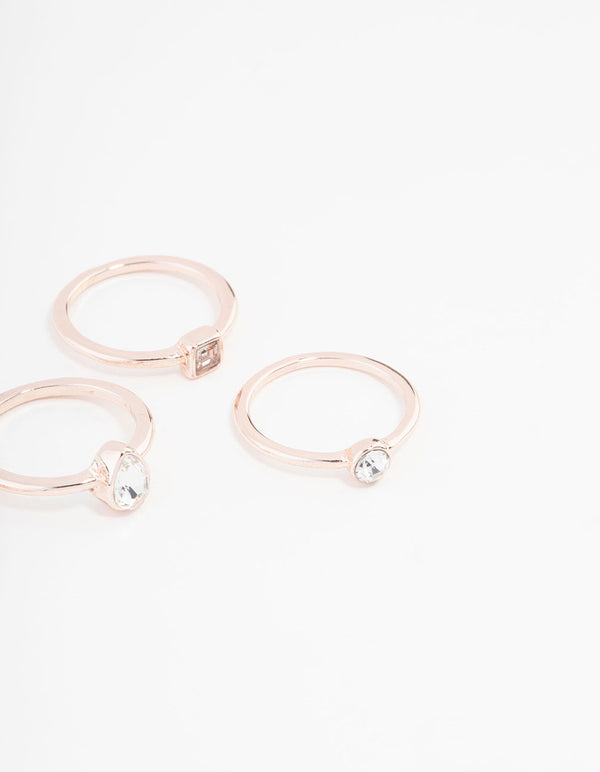 Highlighting rose gold plated square and pear ring 5-pack with stones side detail view
