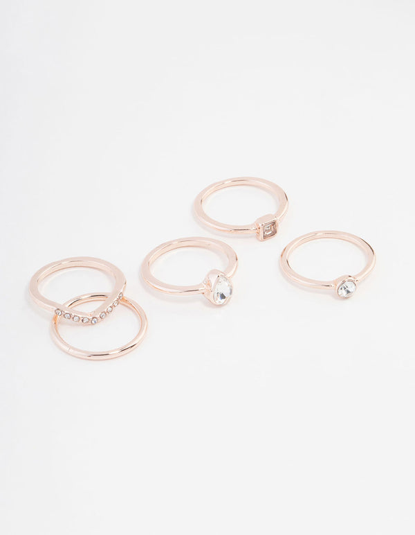 Featuring rose gold plated square and pear ring 5-pack with stones front view