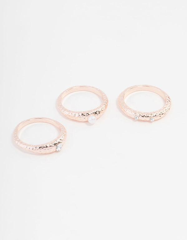 Rose Gold Plated Original Cubic Zirconia And Pearl Rings 3-Pack
