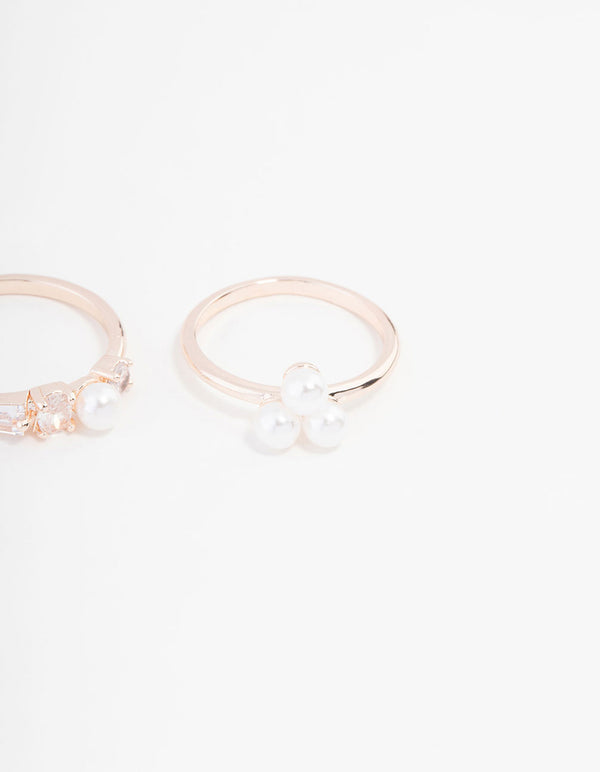 Rose Gold Plated Cubic Zirconia & Quartz Pearl Ring 3-Pack