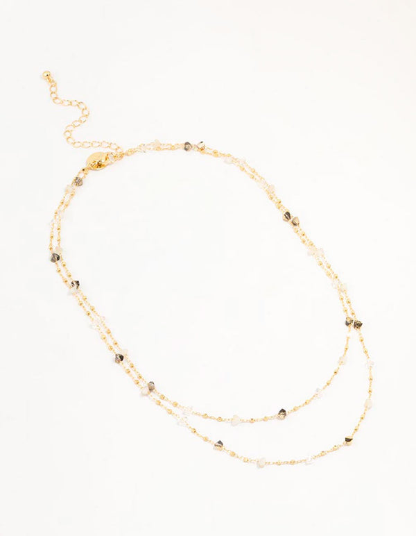 Gold Plated Station Semi Precious Shards And Ball Layered Necklace
