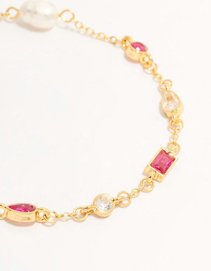 Gold Plated Pearl & Crystal Station Bracelet