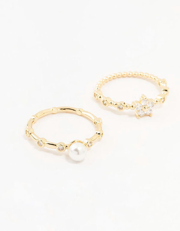 Gold Plated Bamboo Pearl Rings 3-Pack