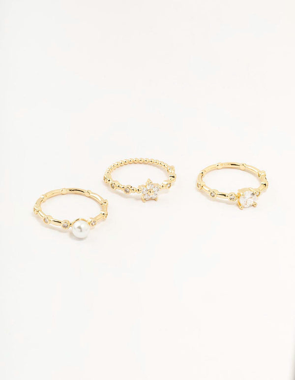 Gold Plated Bamboo Pearl Rings 3-Pack