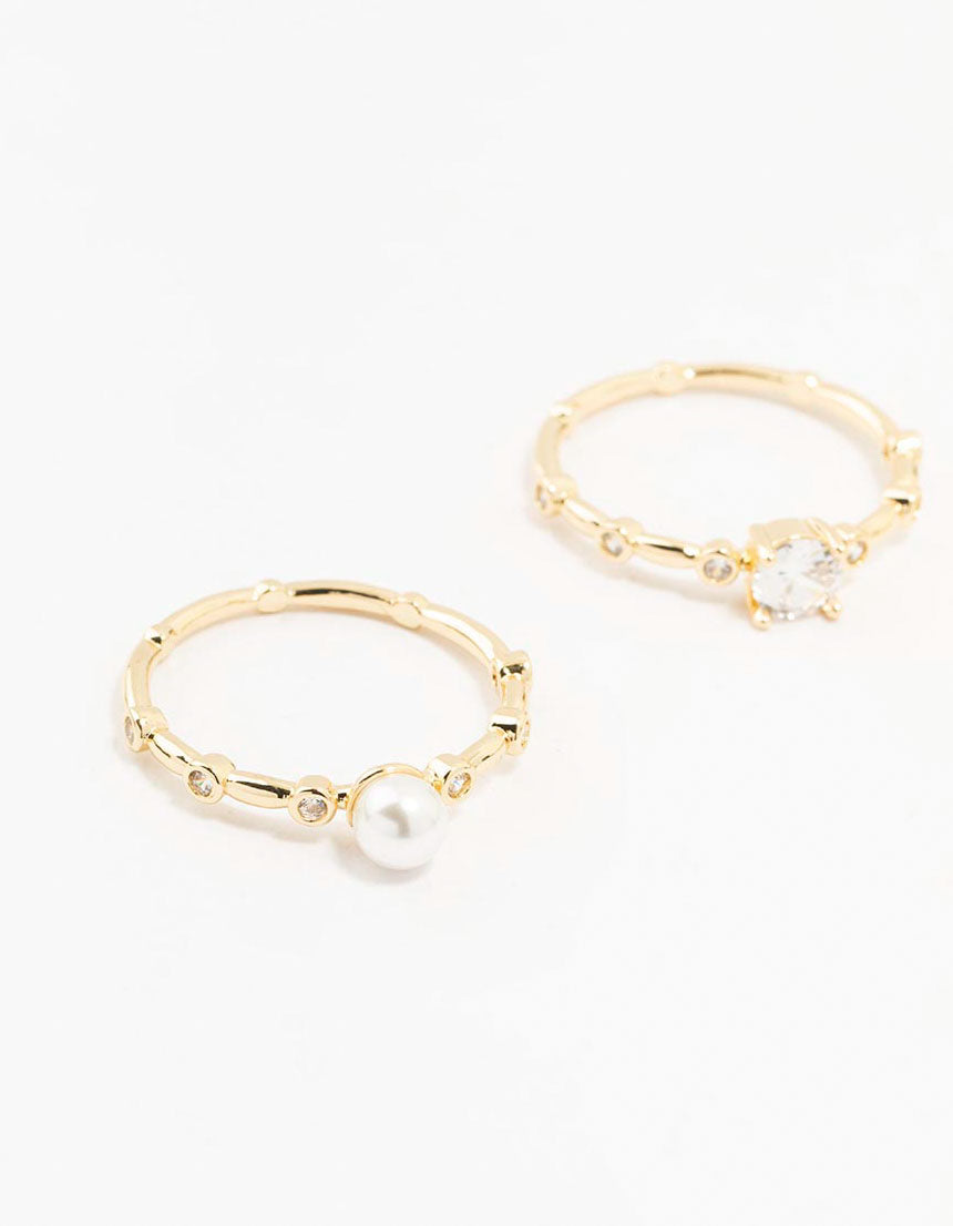 Gold Plated Bamboo Pearl Stacking Rings 3-Pack