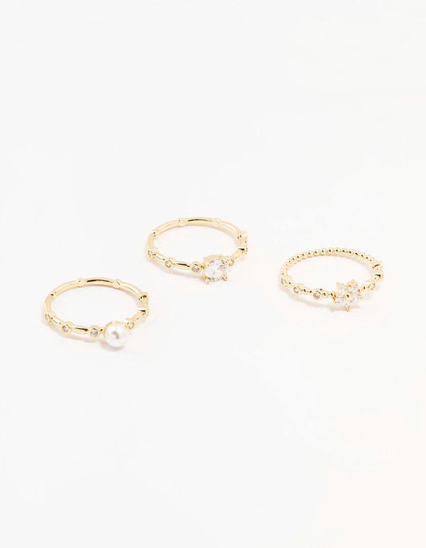 Gold Plated Bamboo Pearl Stacking Rings 3-Pack