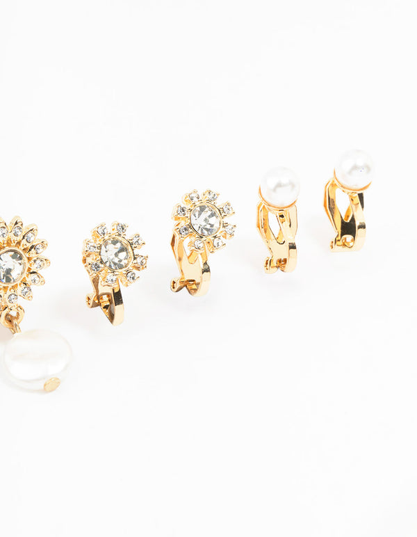 Gold Pearl & Diamante Large Clip Earrings