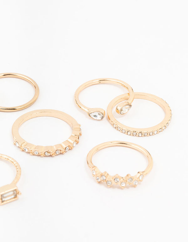 Fine Gold Diamante Ring Pack 8